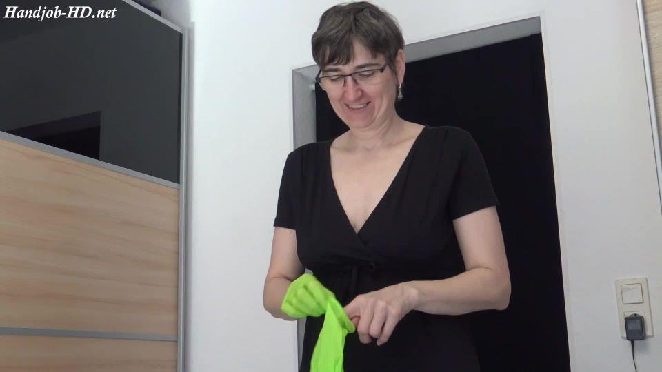 Green Gloves Covered in Cum – German Hot Milf